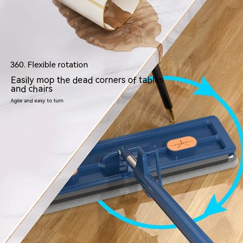Large flat mop with extended stainless steel handle and rotating head for floor cleaning