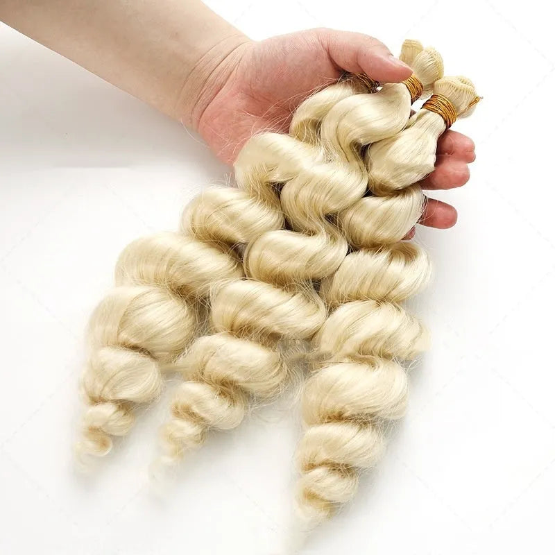 A golden synthetic wig for women shown in 18-inch, 20-inch and 22-inch length options.