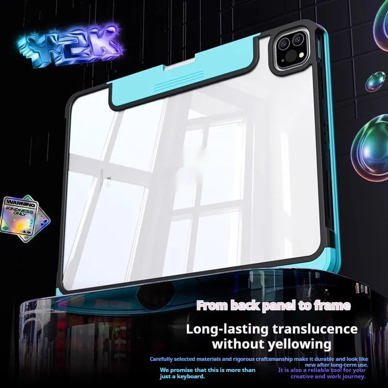 Blue iPad protective case with keyboard cover showing shockproof PC construction and anti-fingerprint surface