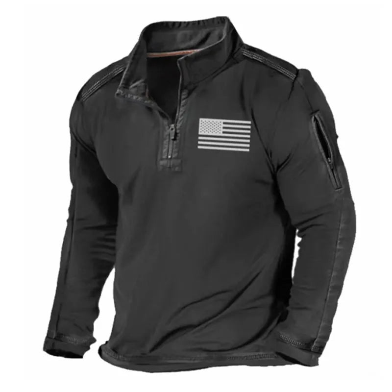 Men's grey zipped collar long-sleeved polyester sweater laid flat showing stand collar and pullover design