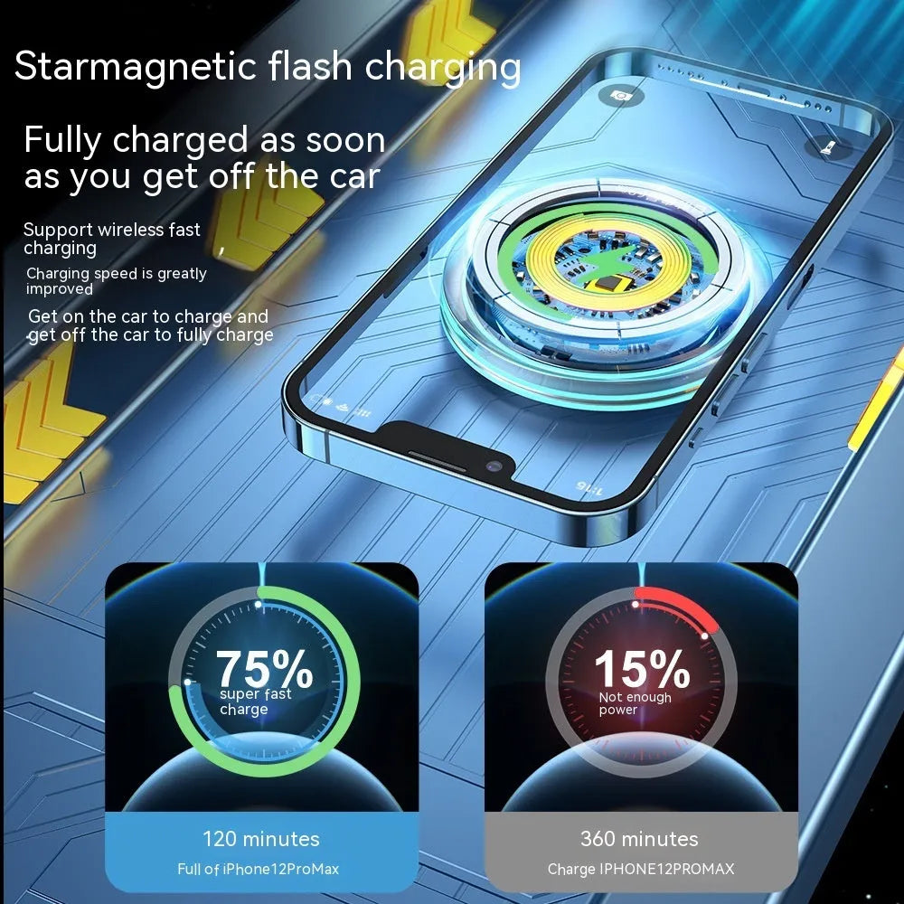 Black magnetic wireless car charger mounted on a car air vent, charging a mobile phone.