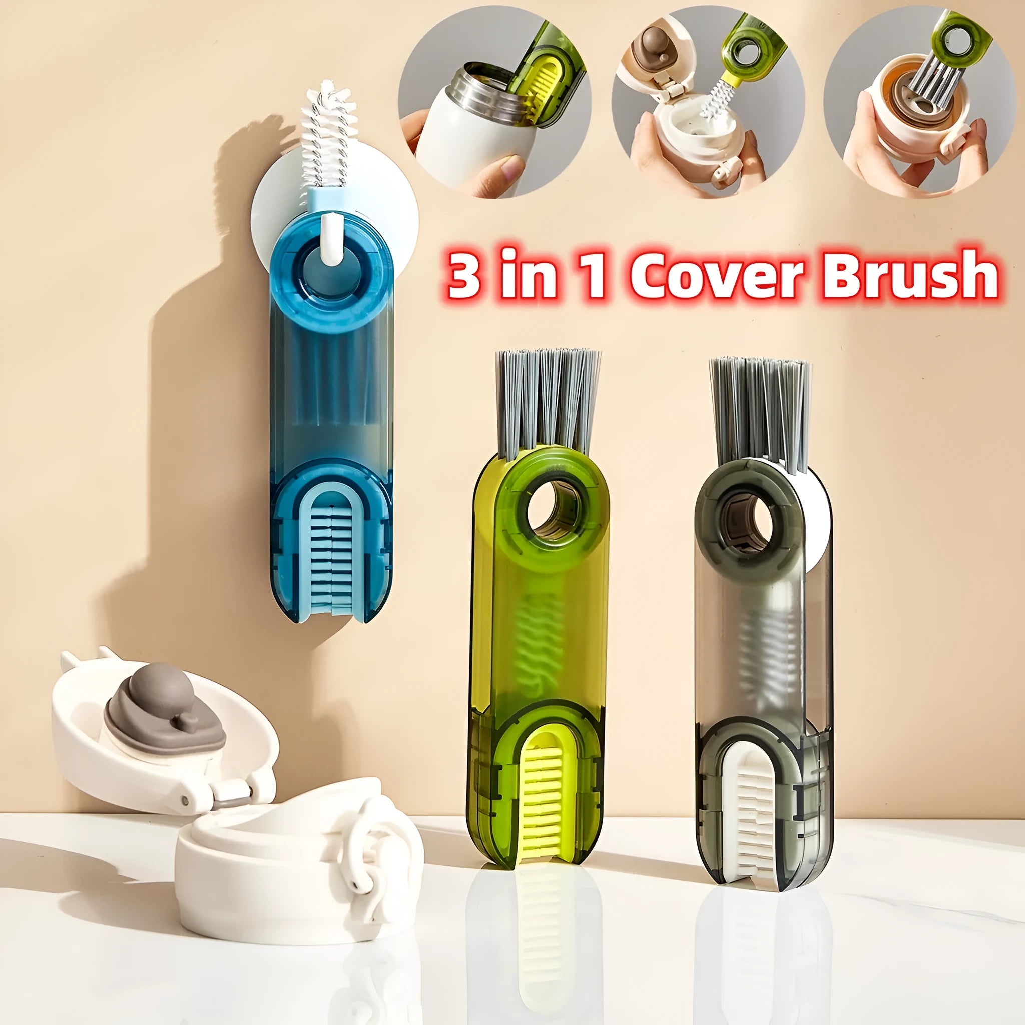 3-in-1 tiny bottle cup cover brush straw cleaner tool in transparent green, showing spiral brush and bevel corner design