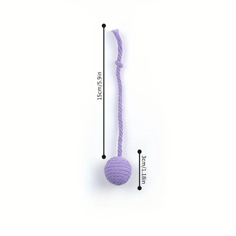 Colourful cat toy ball with attached rope and internal bell mechanism in green, pink, purple, or yellow options
