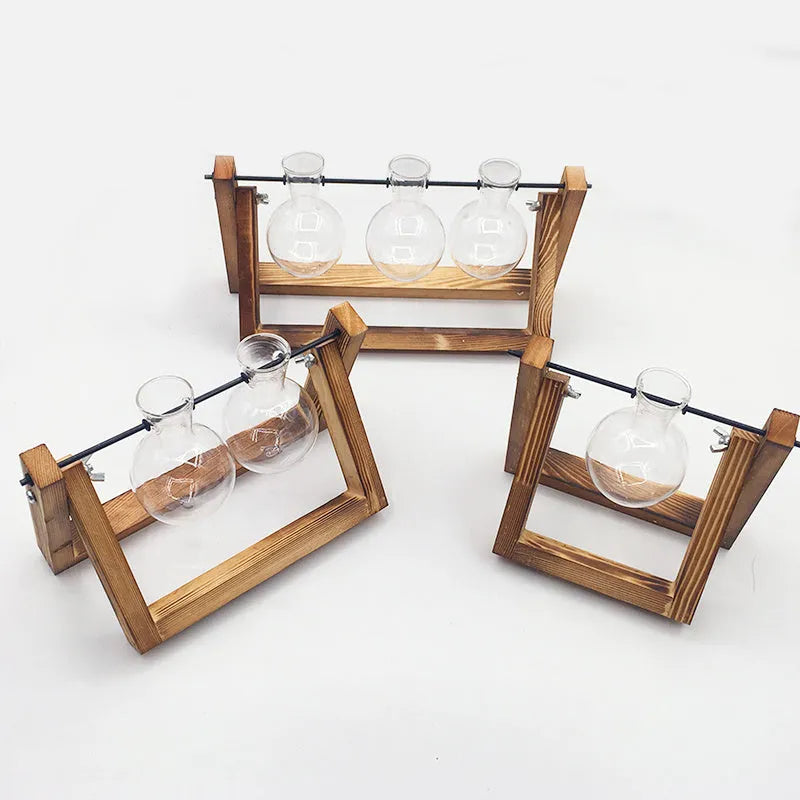 Swing wooden stand hydroponic plant container with borosilicate glass vase in geometric pastoral design
