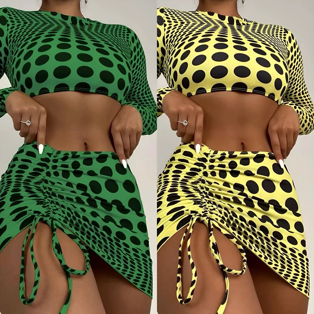 Women's green polka dot three-piece swimsuit set showing top, skirt and bra
