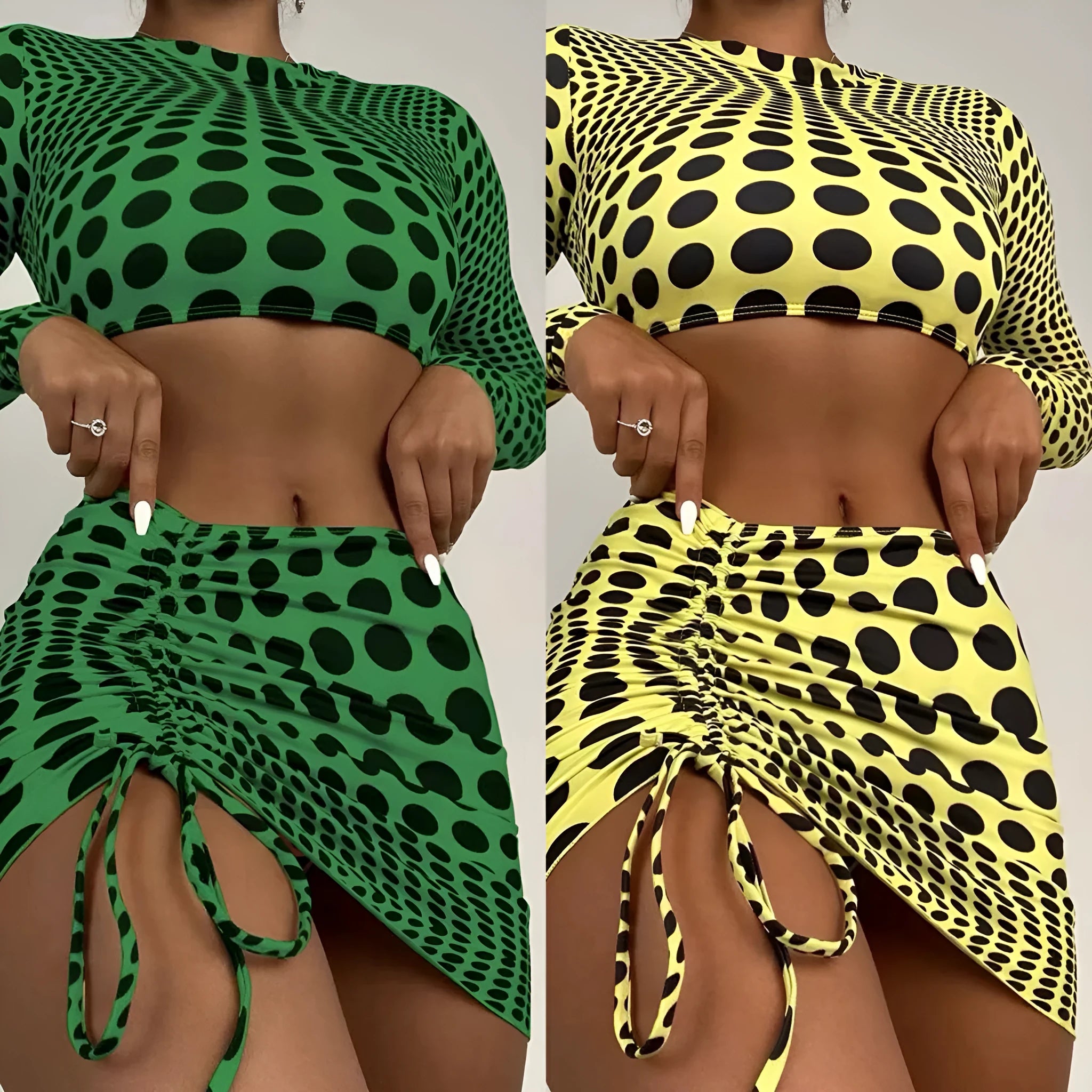 Women's green polka dot three-piece swimsuit set showing top, skirt and bra