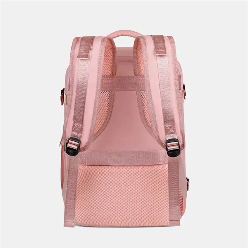 Large travel backpack with multiple compartments in purple, grey, black, or pink colours showing organisational pockets