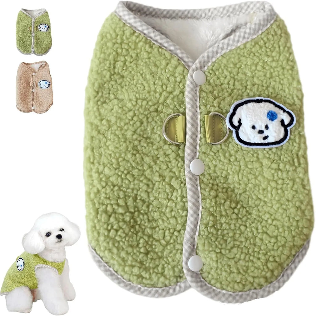 Green coral fleece dog vest with leash ring for small pets in autumn and winter