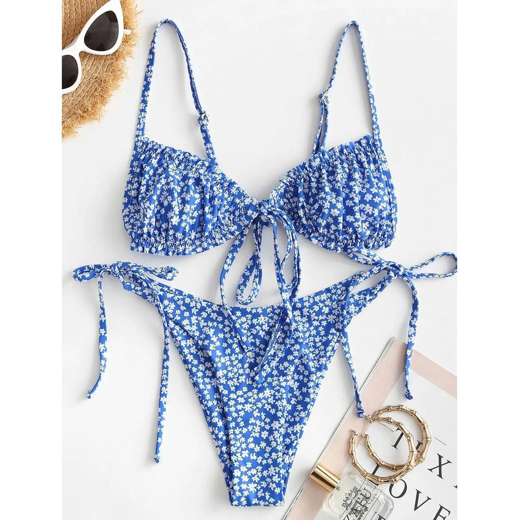 Women's blue printed multi-rope banded bikini swimsuit with short sleeves and lapel collar