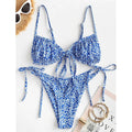 Women's blue printed multi-rope banded bikini swimsuit with short sleeves and lapel collar