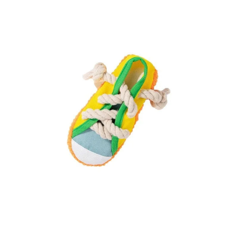 Plastic dog chew toy with bendy design and squeaker in yellow, black, and blue colour options