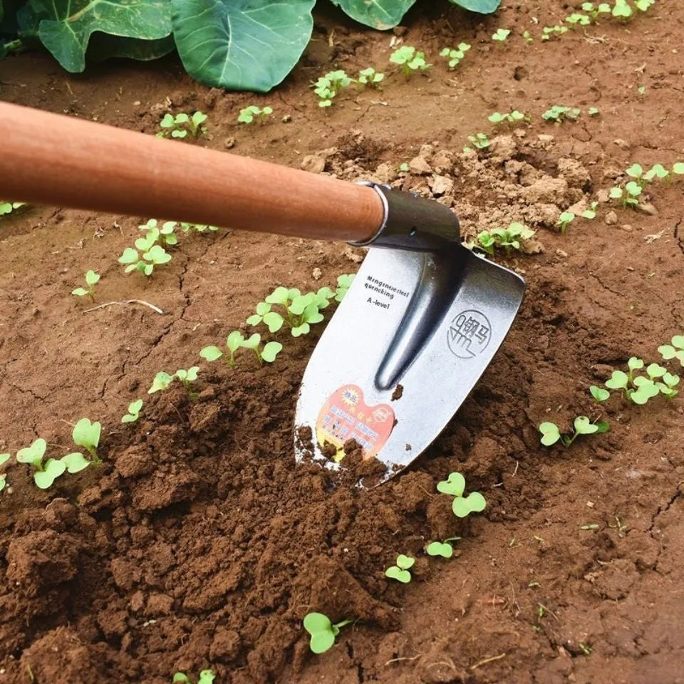 Agricultural pointed hoe with steel horse tip and stainless steel construction for garden weeding and soil preparation