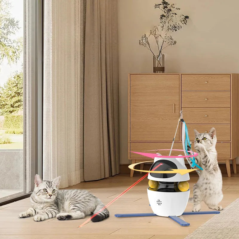 White automatic rotating cat toy with elastic rope and fluffy ball extended during operation