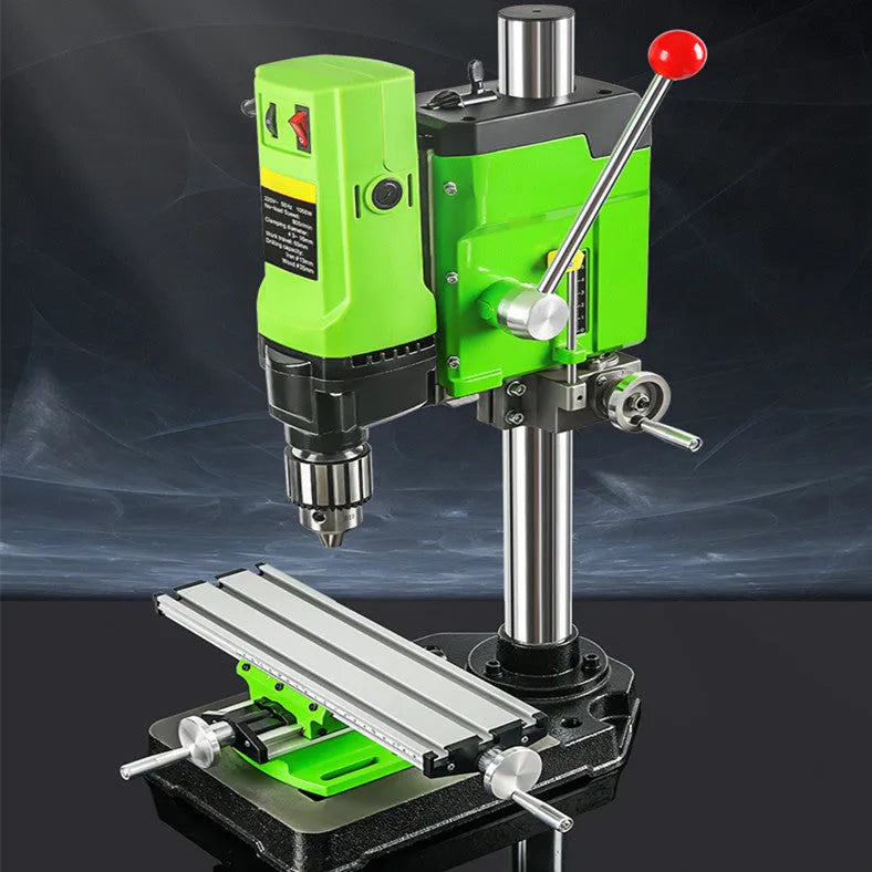 Mini bench drill and milling machine with 240W motor on a workbench for drilling and milling tasks