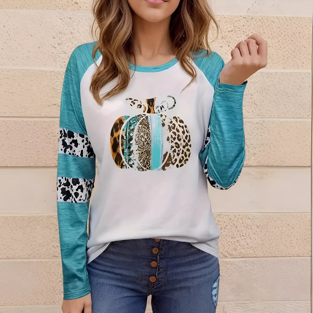 Sky blue casual T-shirt with Halloween pumpkin 3D printed pattern and long sleeves