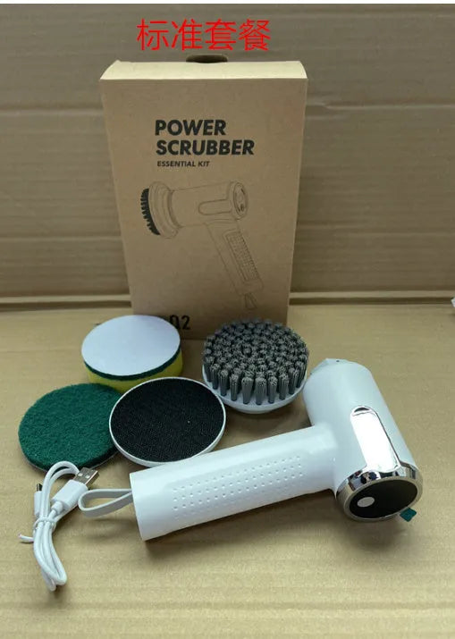 White wireless electric cleaning brush with display, Type-C port, and interchangeable brush heads on a kitchen sink