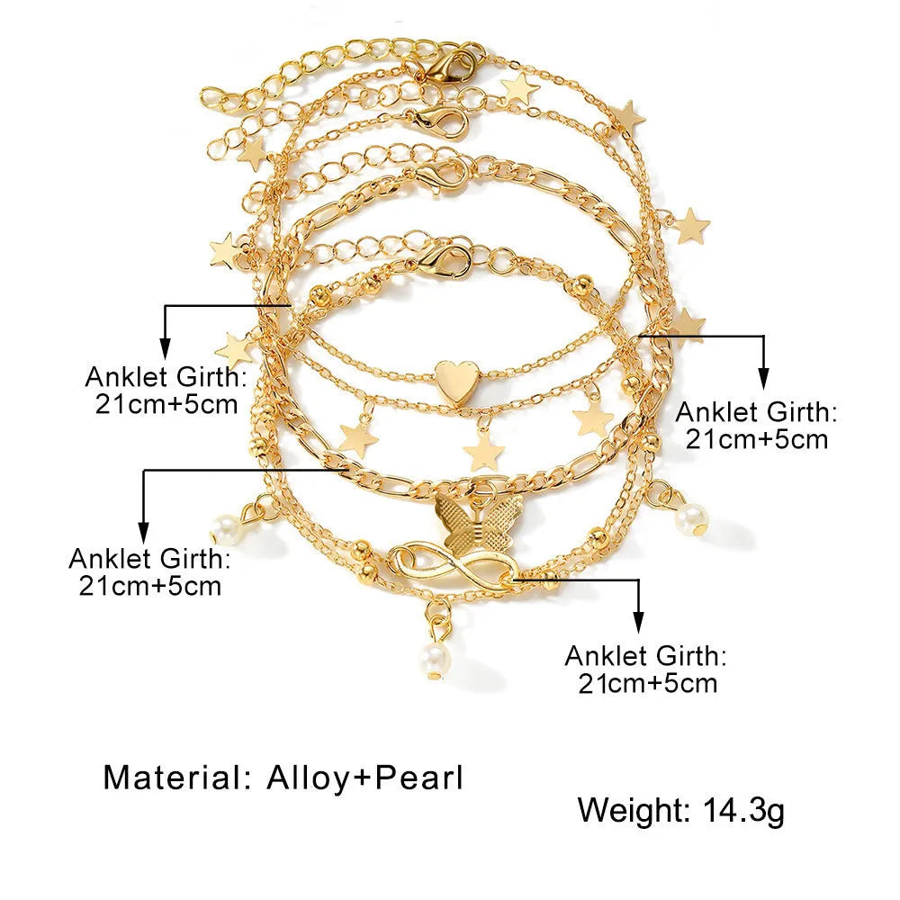 Butterfly pearl heart anklet 4-piece set for women in simple alloy design