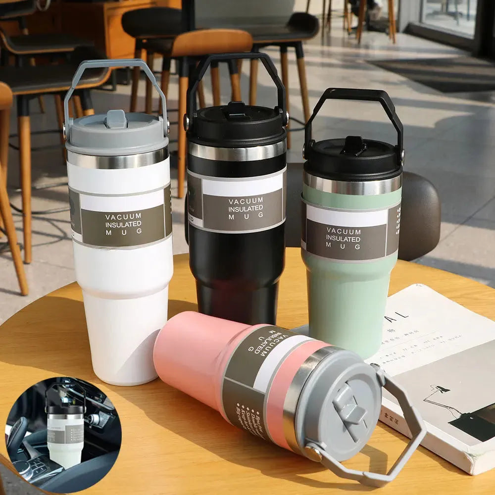30oz stainless steel travel tumbler with handle and sliding lid in dark pink colour