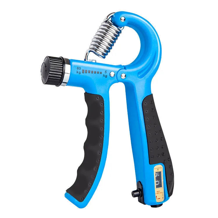 Black adjustable hand gripper with digital counter showing resistance dial and TPR handles