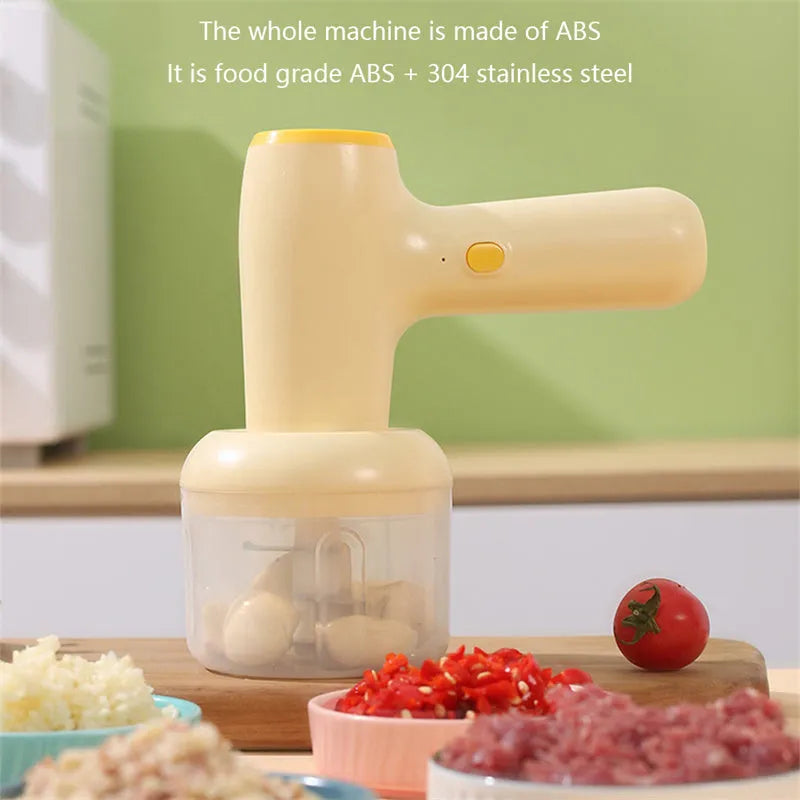 USB rechargeable electric garlic chopper with egg beater attachment in khaki or beige colour options