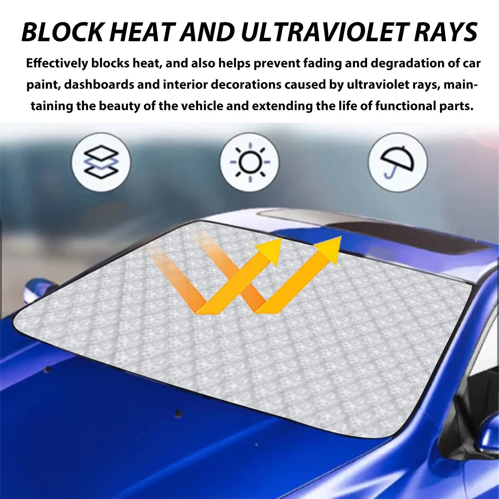Silver aluminium film car windshield frost cover shown unfolded with 140x95cm dimensions