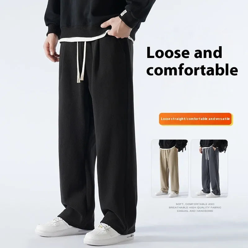 Men's double-sided polar fleece-lined winter trousers with drawstring waist in apricot, black, or dark grey