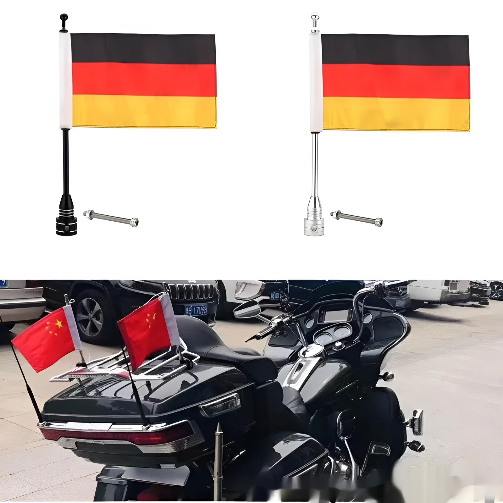 Aluminium alloy flagpole mount for motorcycle luggage rack in black and silver finishes.