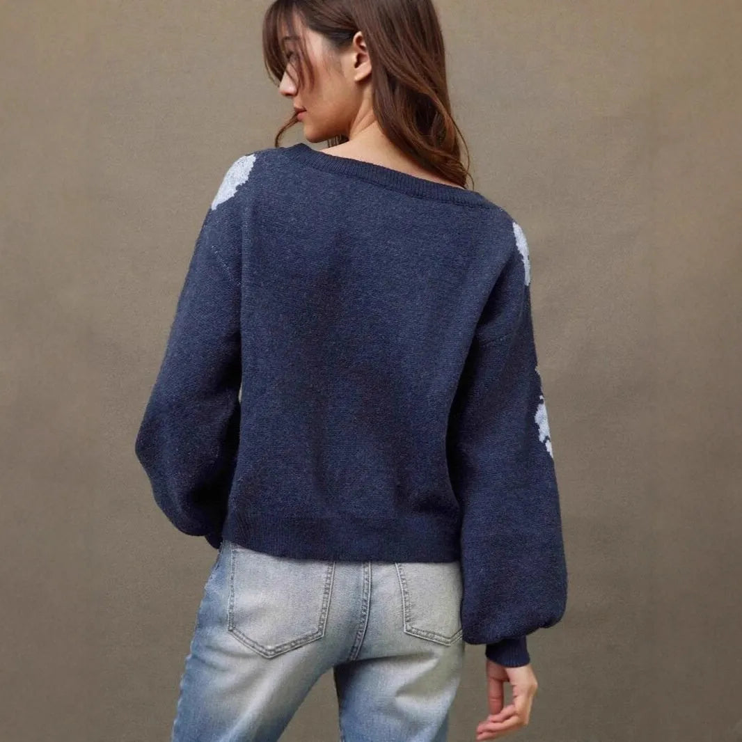 Sapphire blue women's pullover with jacquard floral pattern, loose fit with regular long sleeves