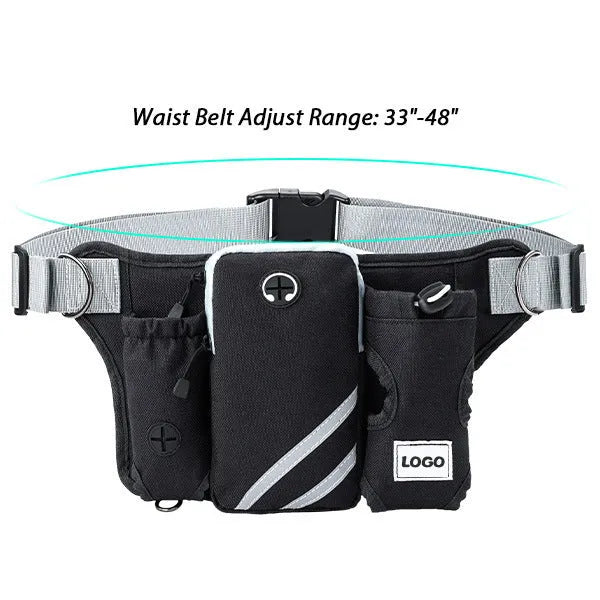 Black nylon outdoor dog walking set with adjustable waist bag and attached leash
