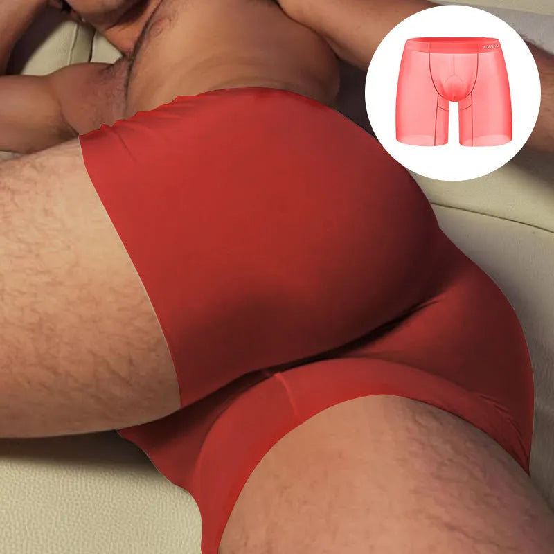 Men's seamless sports boxers in orange colour showing U convex design and low waist cut