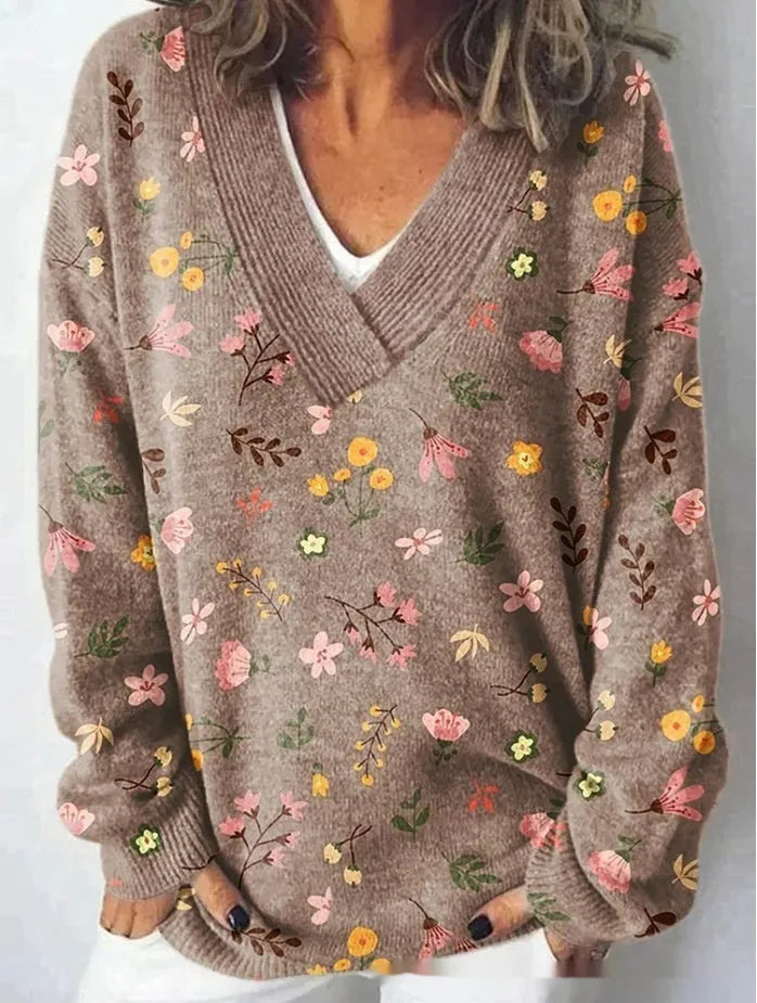 Women's floral pattern V-neck sweatshirt with 3D effect design in art retro style