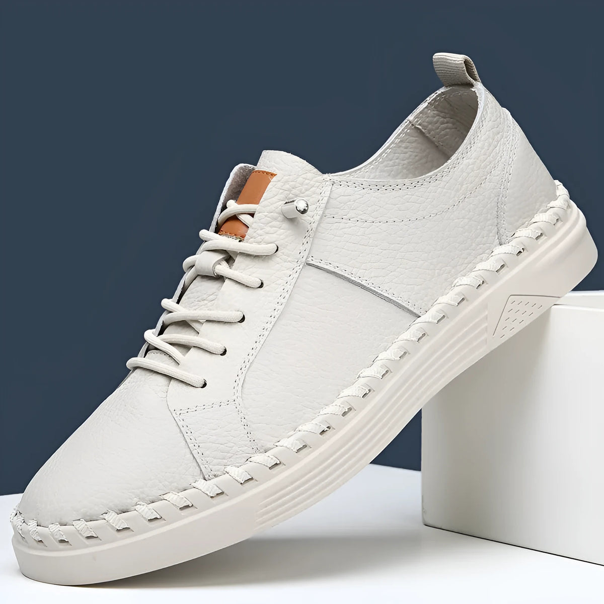 Men's beige and black cowhide sneakers with round toe and mesh lining