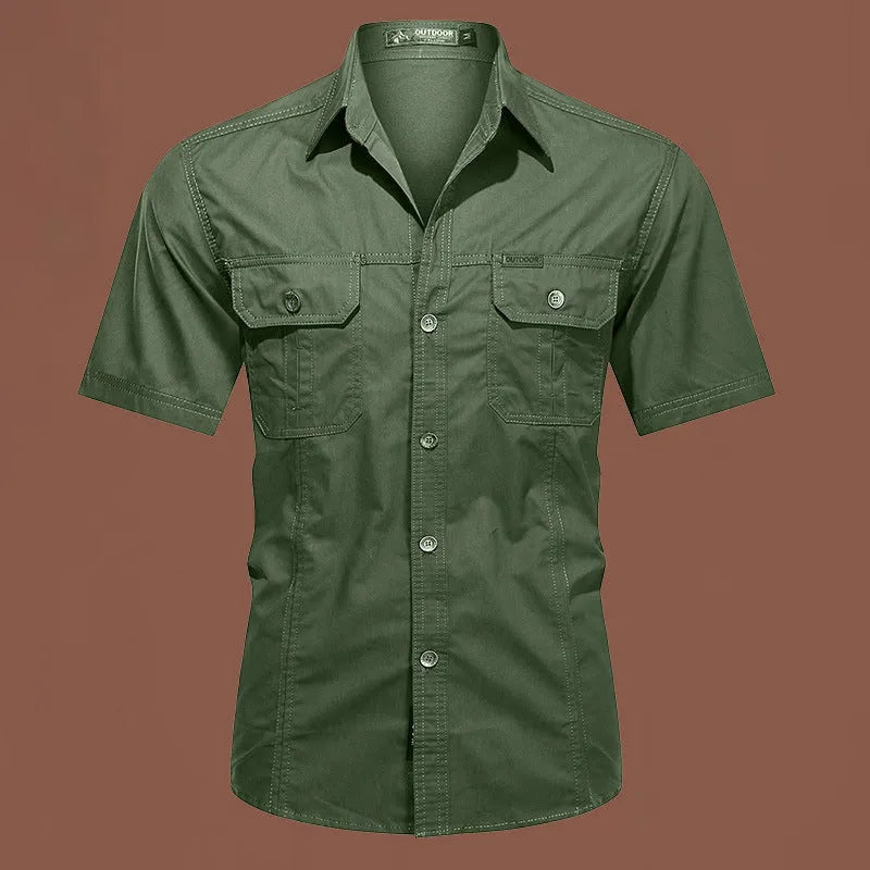 Men's short sleeve cotton work shirt in Army Green with non-iron treatment and loose fit for outdoor use