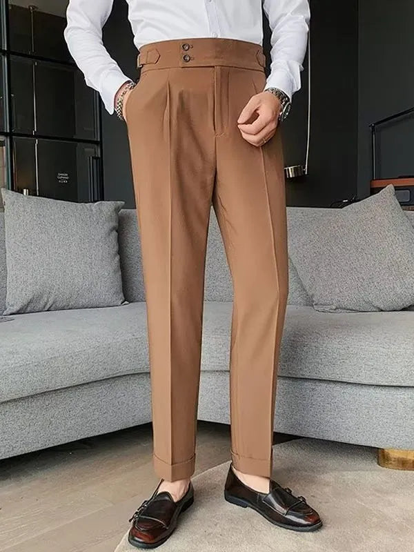 Autumn retro style high waist straight-leg casual trousers in a solid colour.