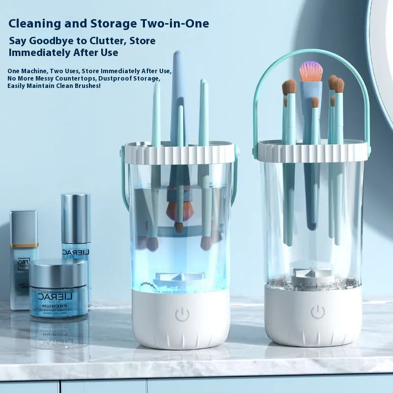 White electric makeup brush cleaning device with rotating silicone heads, 24cm length, USB rechargeable battery
