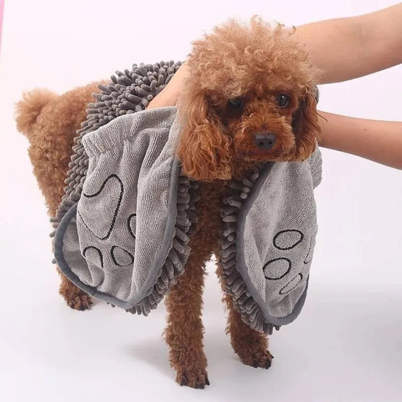Blue dog bath robe towel measuring 62cm by 23cm for quick drying