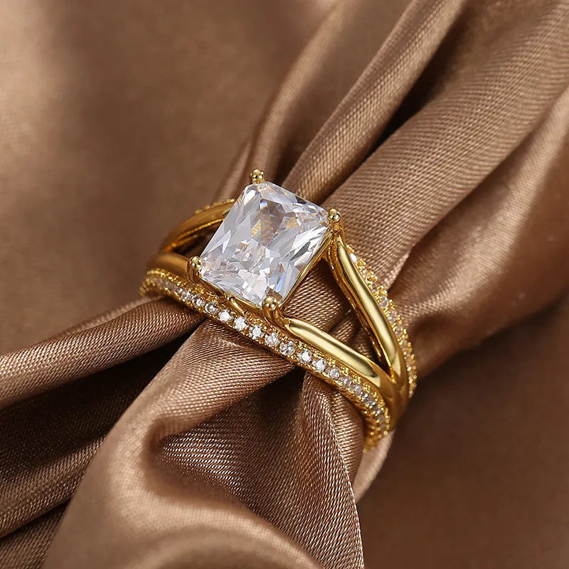 Gold electroplated geometric women's ring with square zircon stone detail