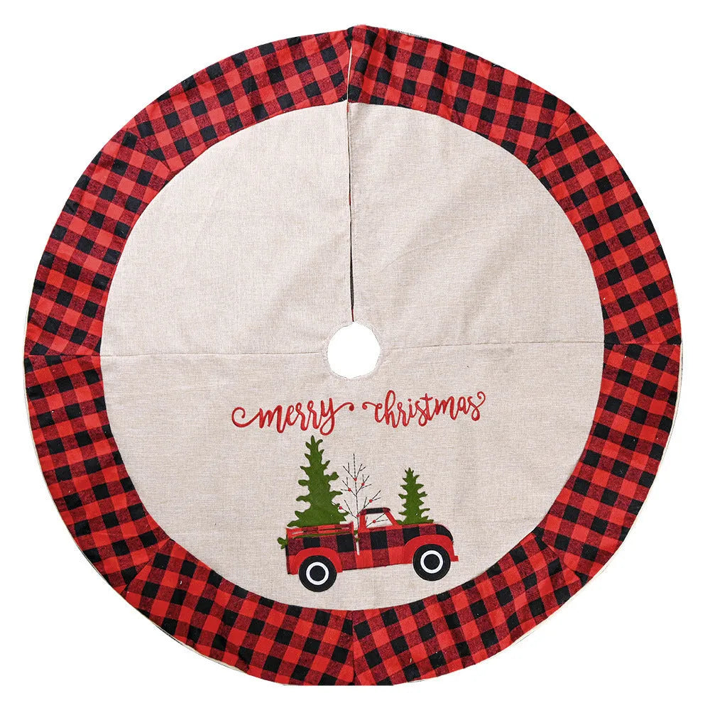 120cm diameter imitated linen cloth Christmas tree skirt with Car Christmas Tree design, showing mechanical stitching
