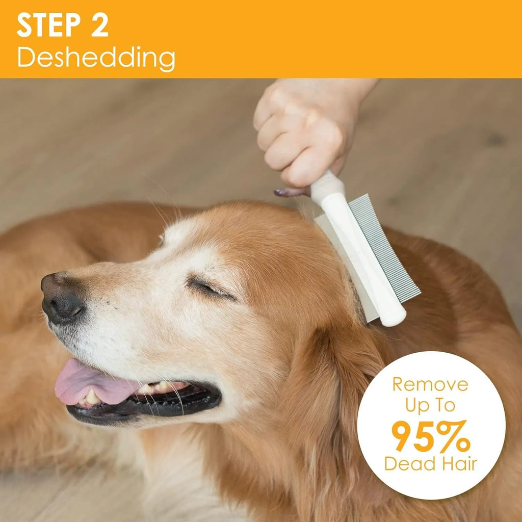 White 2 in 1 dog cat deshedding brush with curved comb design and anti-slip handle for pet grooming