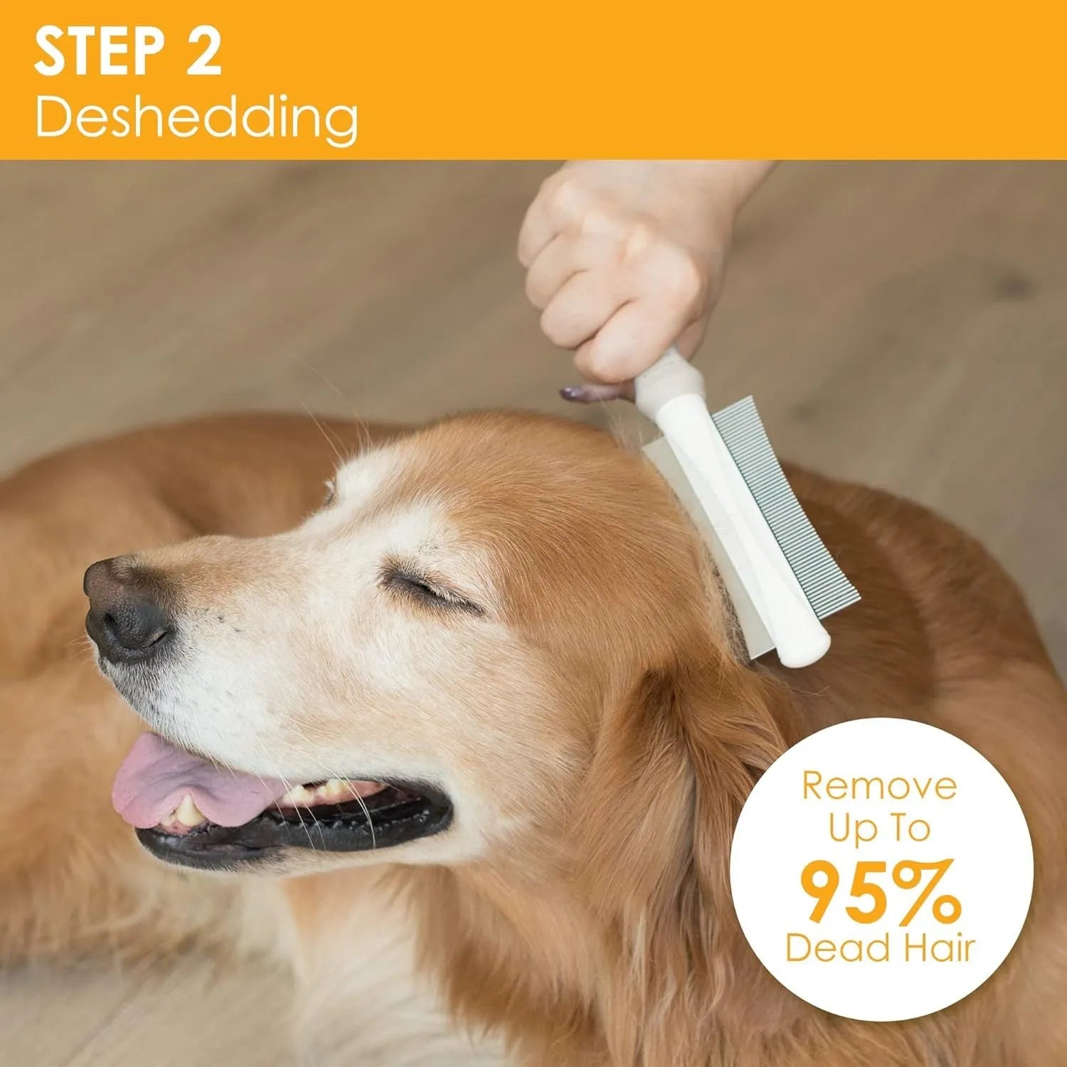 White 2 in 1 dog cat deshedding brush with curved comb design and anti-slip handle for pet grooming