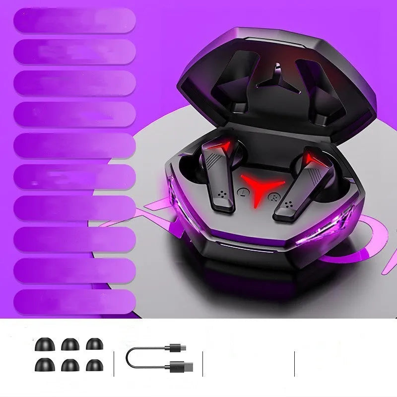 Black wireless Bluetooth gaming headset with earplug design and charging cable