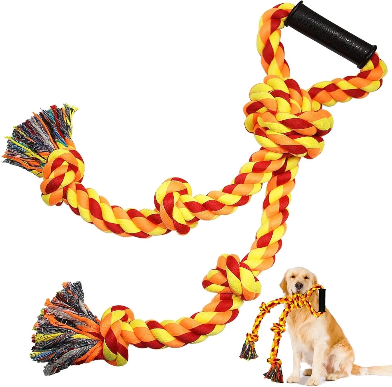 Blue and yellow cotton dog rope toy with non-slip handle, measuring 18x62cm for large breed aggressive chewers