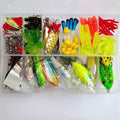 Lure Suit 142 pieces with fishing pliers, metal lures, plastic baits, and hard mino sequins arranged in tackle box