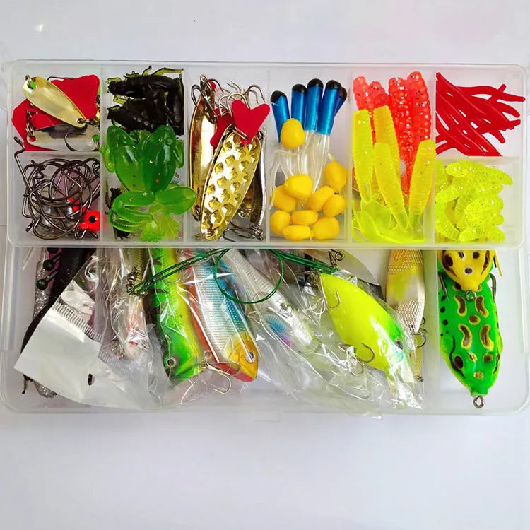 Lure Suit 142 pieces with fishing pliers, metal lures, plastic baits, and hard mino sequins arranged in tackle box