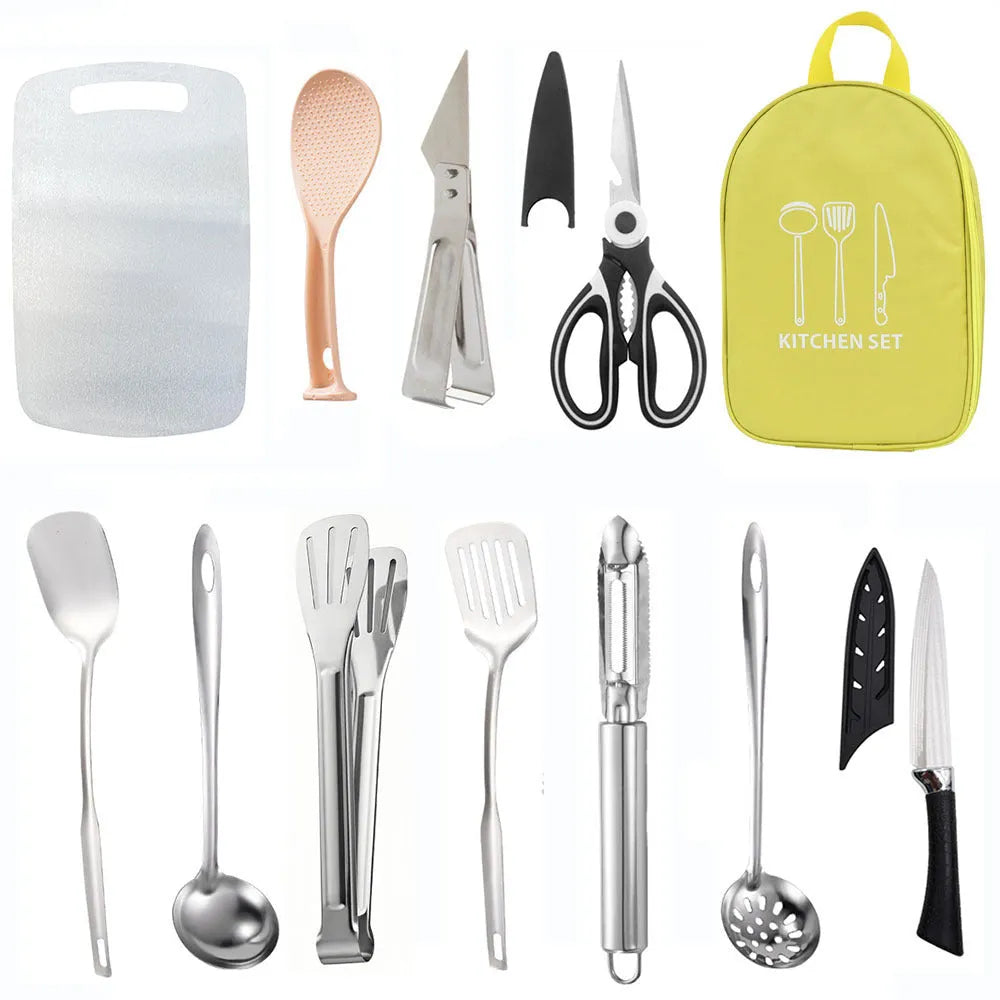 12-piece stainless steel picnic set with storage bag in khaki, green, or brown colour options