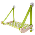 Wooden cat window hammock bed with suction cups mounted on glass, linen mat in green colour