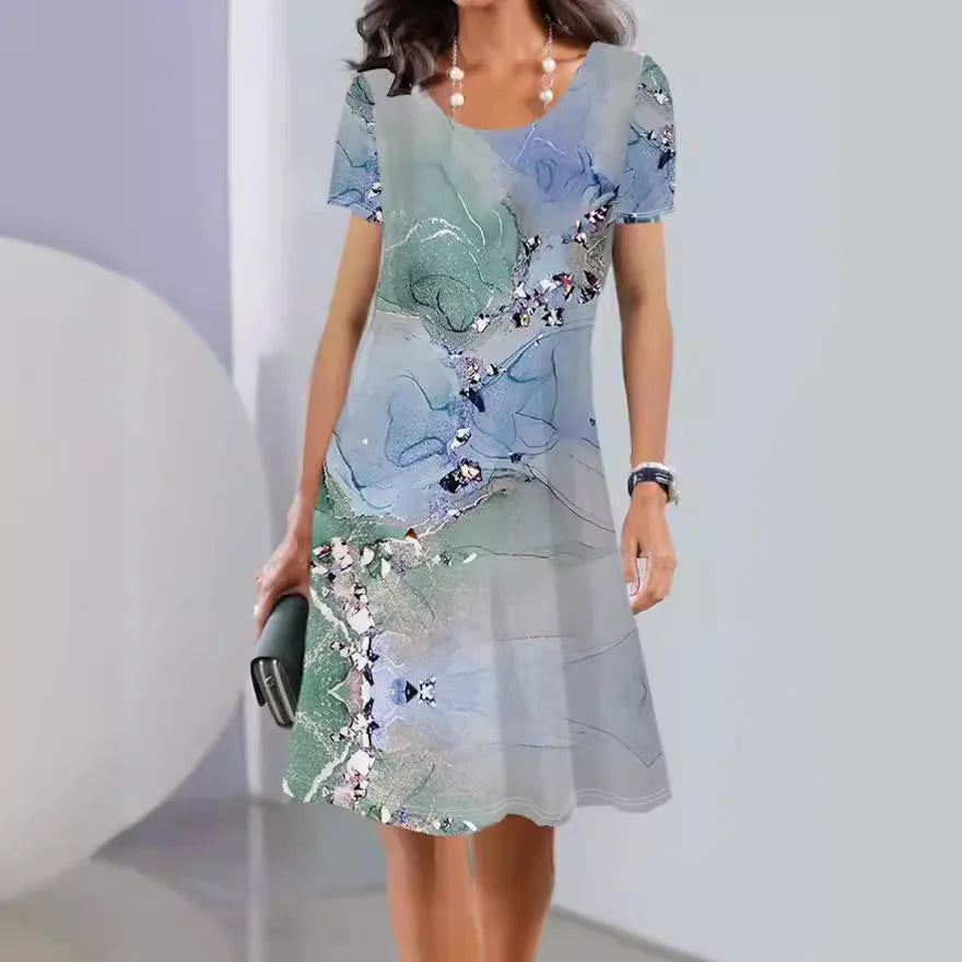 Women's mid-length A-line dress with painted plant and flower pattern, short sleeves, round neckline on Ice Silk fabric