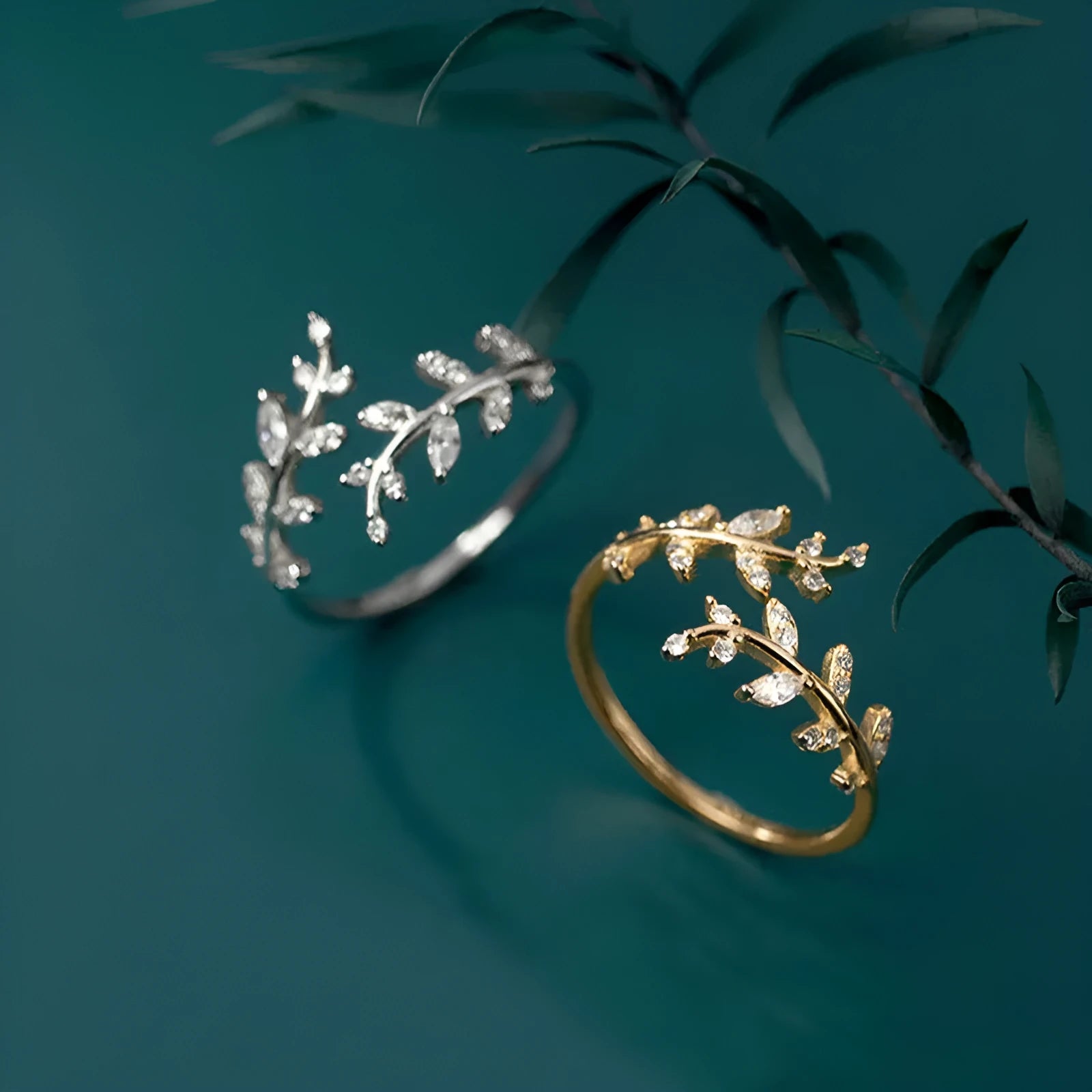 Copper leaf branch fashion ring for women with electroplated gold or silver finish.