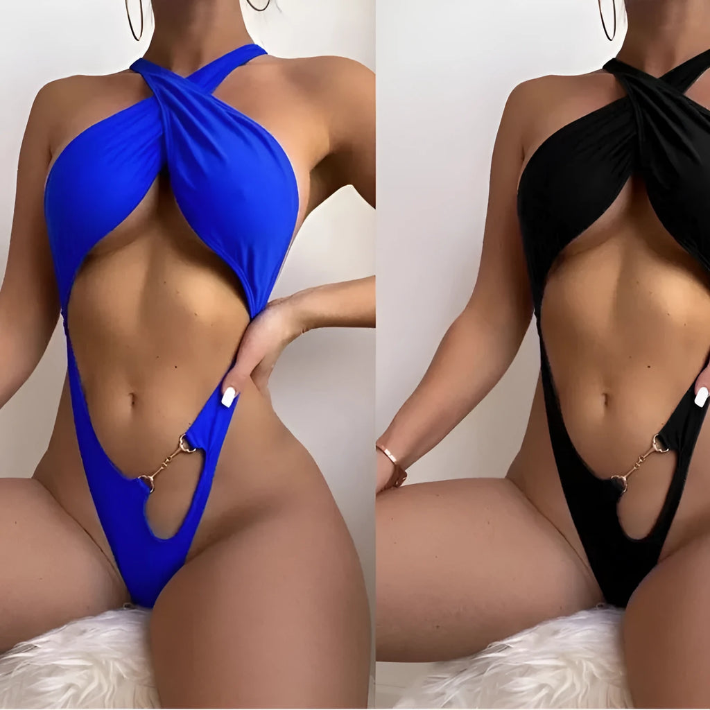 Women's solid colour one-piece swimsuit in polyester fabric with spandex lining