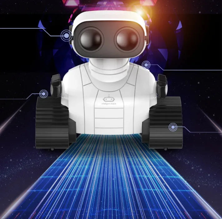 White plastic USB rechargeable remote control robot toy for children with handle remote, sound and light dancing, ages 7-14.